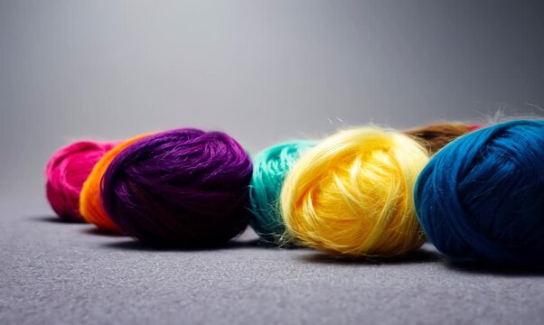 Rainbow wool balls composition on neutral gray surface