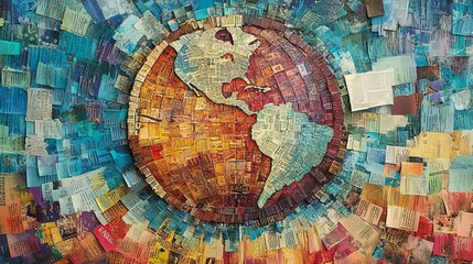 Mixed media collage of words forming a globe, International Literacy Day