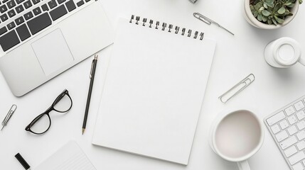 workplace with modern laptop, top view