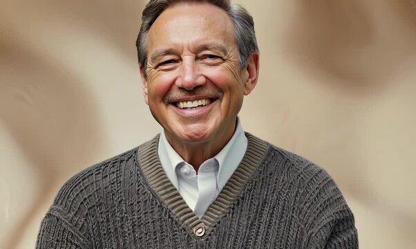 Medium shot portrait video of a grinning man in his 50s that is wearing a chic cardigan against an abstract background