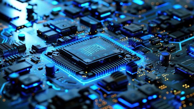 Close-up of a computer circuit board featuring a glowing microchip and intricate electronic components.
