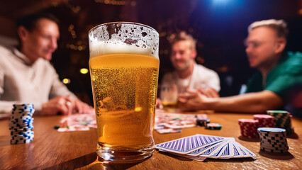 People playing cards and poker with beer in the foreground.