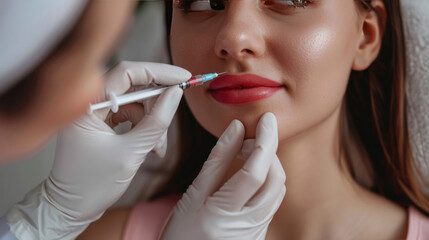 Woman undergoing chin shape correction with fillers, beautician holding syringe, closeup view of the procedure