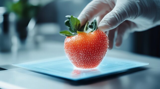 Holographic taste experiment, fruit transforming on consumption, digital taste interface, sleek laboratory