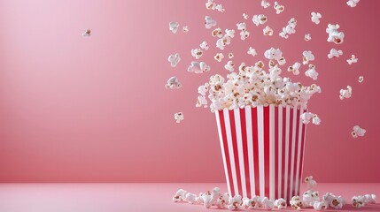 A red and white striped popcorn bucket with popcorn spilling out on a light pink background.