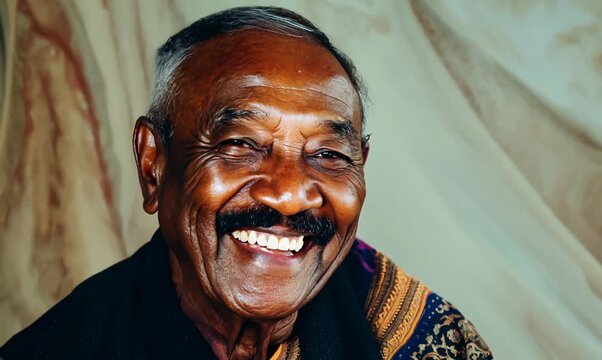 Portrait video of a happy 100-year-old elderly Indonesian man wearing a foulard against an abstract background 