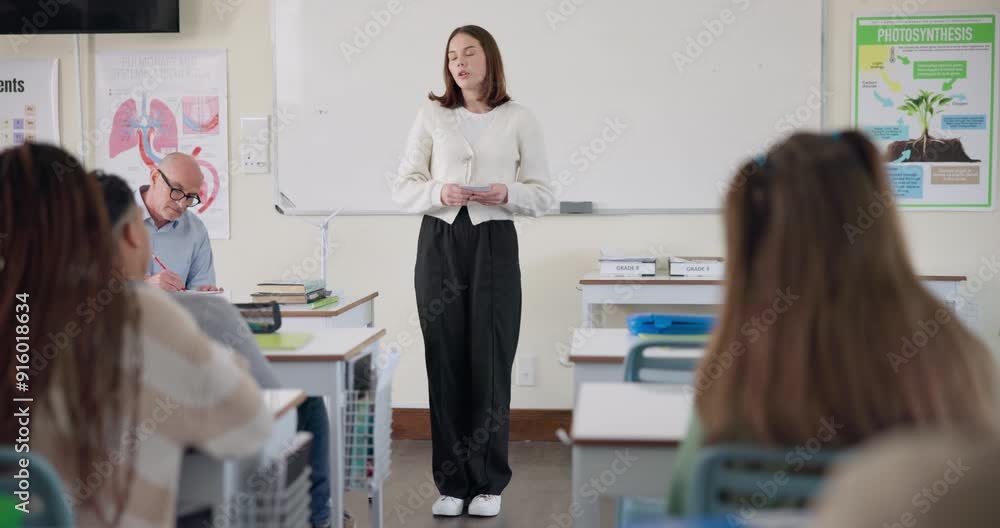 Poster girl, presentation and talking in classroom at high school with notes, opinion and project for asses