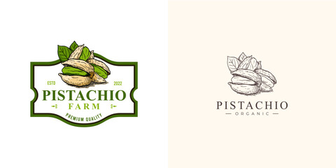 A label vintage logo for an organic pistachio farm, featuring classic typography, earthy tones, and a rustic design. The logo reflects authenticity, nature, and the farm's commitment to quality.