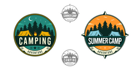 Summer camp anvecture logo featuring a circular emblem with a tent and pine trees.
