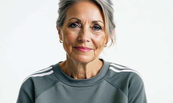 Photography in the style of pensive portraiture of a satisfied woman in her 40s wearing a comfortable tracksuit against a white background