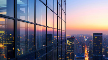 Fototapeta premium Modern skyscraper reflecting city lights at dusk, with a clear sky in the background