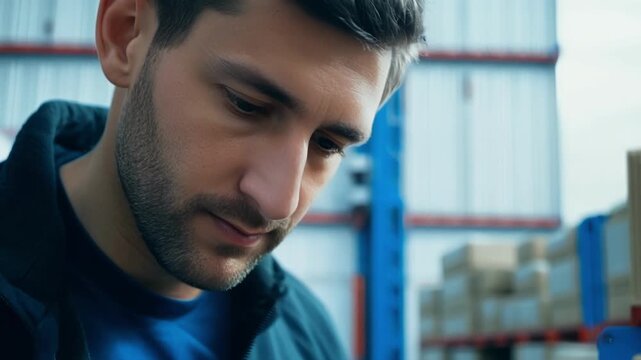 Closeup of a supply chain manager inspecting incoming shipments in a warehouse ensuring the quality and quantity of goods received.