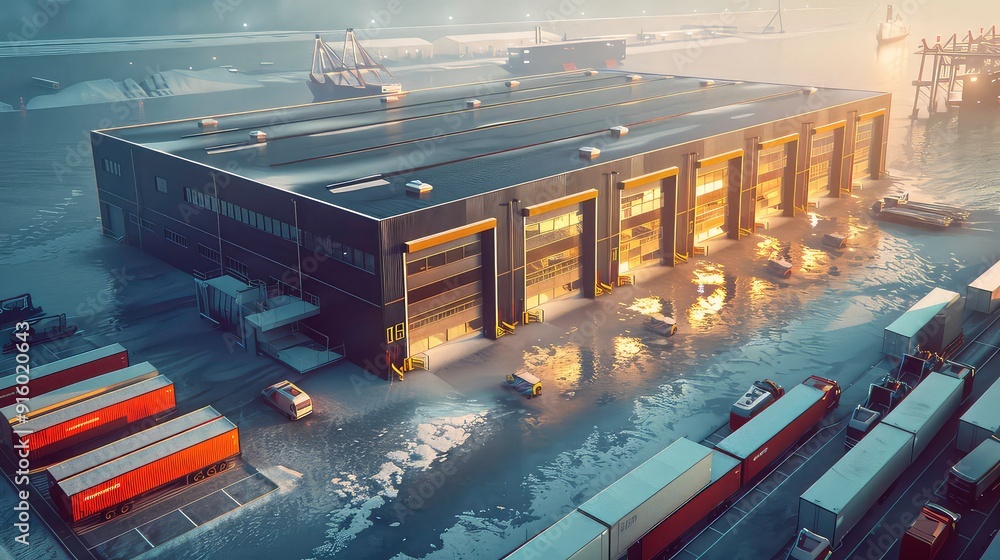Aufkleber a large industrial building with several loading docks is flooded with water. there are several truc