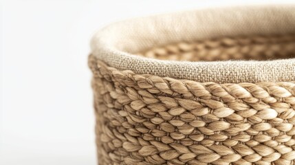 Obraz premium Handcrafted basket made from natural fibers, lined with cashmere, isolated on white background, highlighting texture and detail