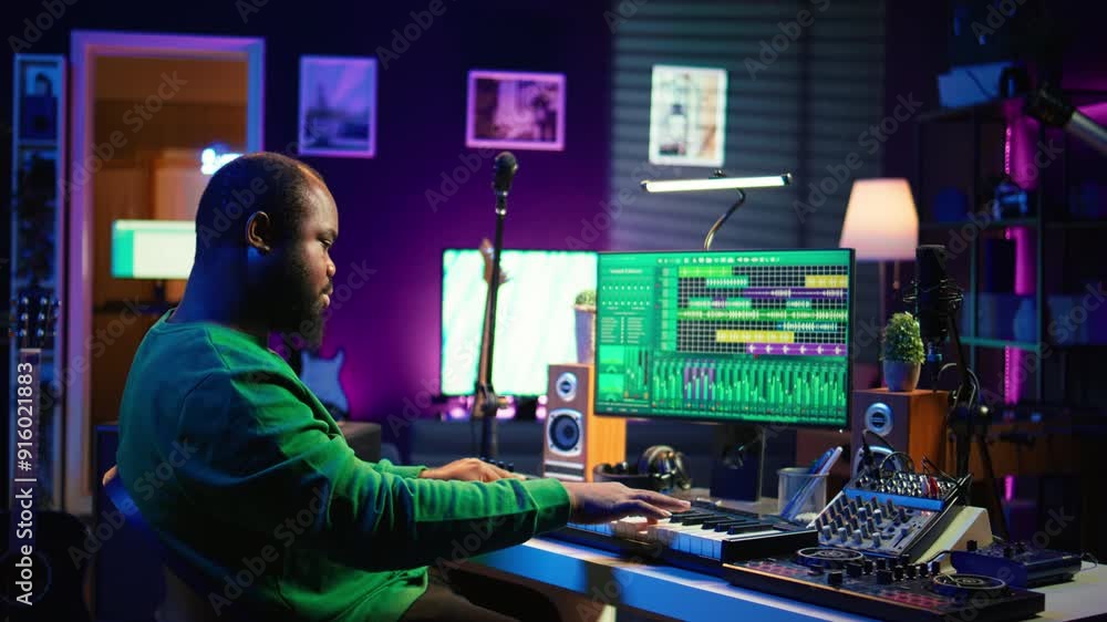 Poster Skilled music producer creating new songs on midi controller synthesizer, working with mixing console and professional software on pc. Artist using piano and mastering acoustical tunes. Camera B.