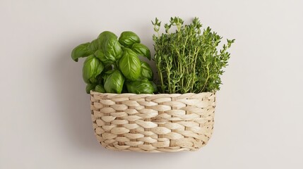 Handcrafted wall-mounted basket from seaweed fibers, filled with fresh basil, parsley, and rosemary, adding a rustic charm to kitchen spaces