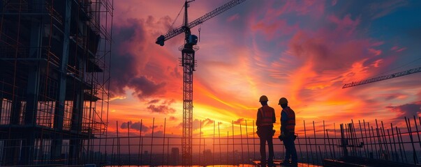 Two Construction Workers Silhouetted Against a Vibrant Sunset Over a Cityscape