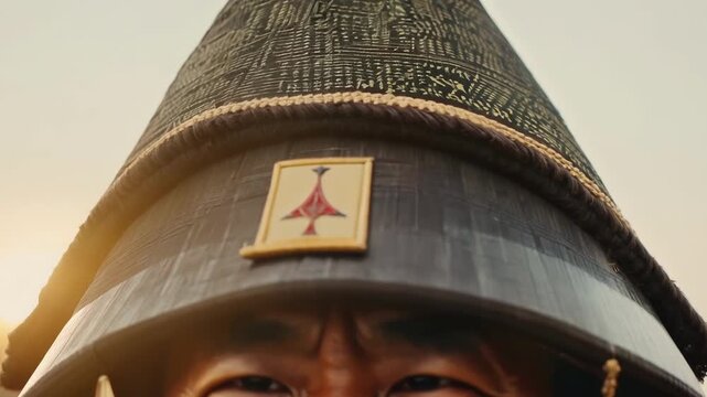 A closeup of an Ashigarus jingasa decorated with intricate patterns and symbols representing his clan.