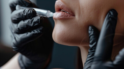 Closeup of a woman receiving chin contouring injections, beautician's syringe positioned near her chin