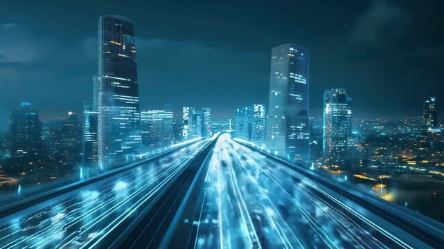 Futuristic city skyline at night with glowing lights and high-speed rail creating a dynamic urban landscape.