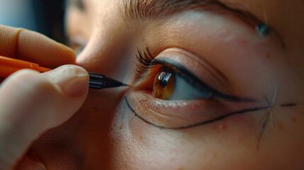 Closeup of a plastic surgeon's hand drawing lines under a female patient's eye, focusing on cosmetic surgery preparation