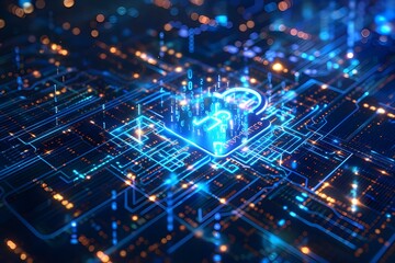 A blue padlock icon is glowing against the background of numbers and code, symbolizing digital security in technology.