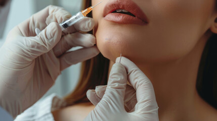 Beautician carefully administering chin filler injections, closeup on the syringe and woman's chin during the procedure