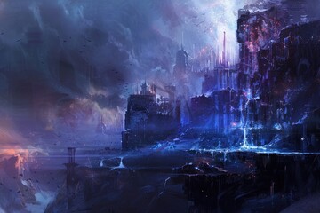 Fototapeta premium Futuristic city ruins with glowing crystals and flying birds