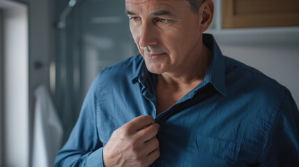 Naklejka premium Close-up of a middle-aged man buttoning a blue shirt in the bathroom, getting ready for a workday, looking excited