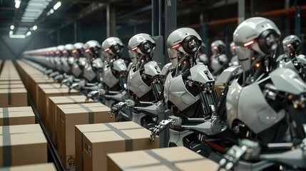 A line of robots work in a warehouse, placing boxes on a conveyor belt.