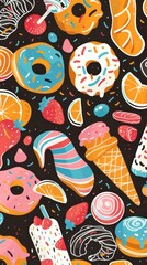 Naklejka premium A vibrant collection of various desserts like donuts, ice cream, and fruits on a dark backdrop
