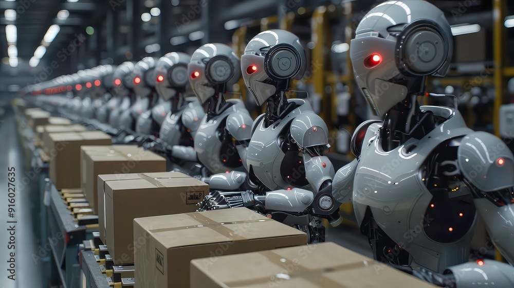 Poster a line of humanoid robots with glowing red eyes work on an assembly line, placing boxes on a conveyo