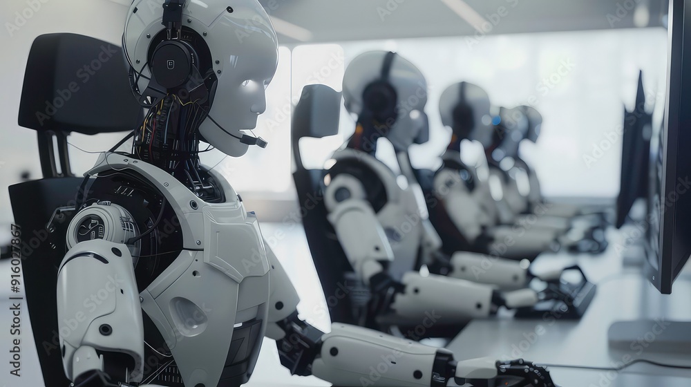 Poster a row of humanoid robots wearing headsets are seated in front of computers in a futuristic office se