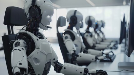 Fototapeta premium A row of humanoid robots wearing headsets are seated in front of computers in a futuristic office setting, possibly a call center.