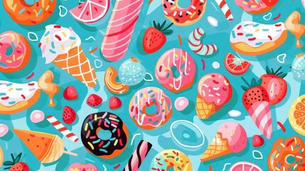 A variety of colorful sweets like ice cream, donuts, and strawberries are displayed on a bright blue backdrop