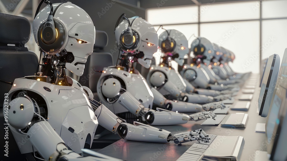 Poster a row of humanoid robots wearing headsets are working on computers in a modern office.