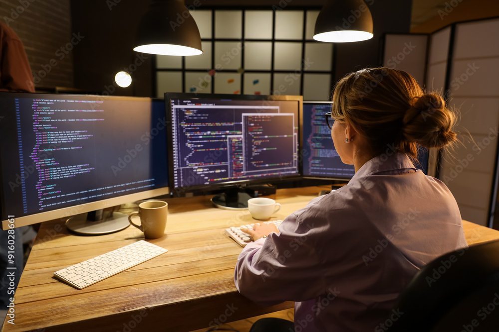 Poster female programmer working with computer in office at night, back view