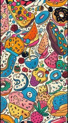 Fototapeta premium A vibrant collection of various pastries and sweets arranged artistically among bright, fun patterns