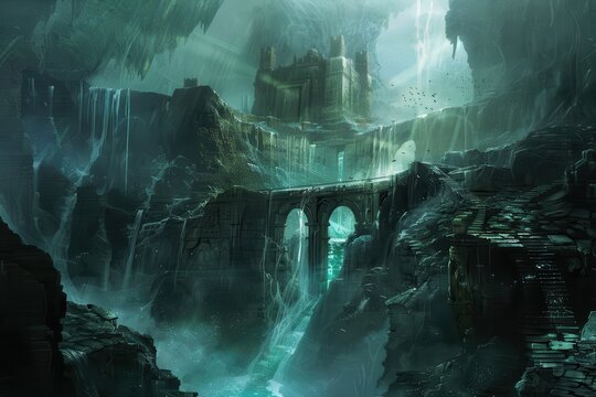 Ancient stone bridge and castle ruins in a mysterious underground cavern with waterfalls