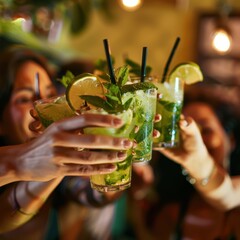 Close-up of Friends Toasting with Mojito Cocktails