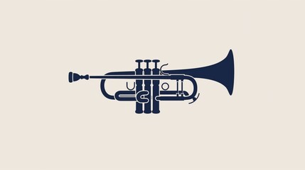 2D illustration of a classical or jazz trumpet with basic shapes on a neutral colored background in a simplicity of drawing in a minimalist vector style