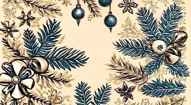 Toile art Christmas Vintage illustration with fir branches, balls, bows, snowflakes. Blue on beige. Hand drawn element. Vector background for design