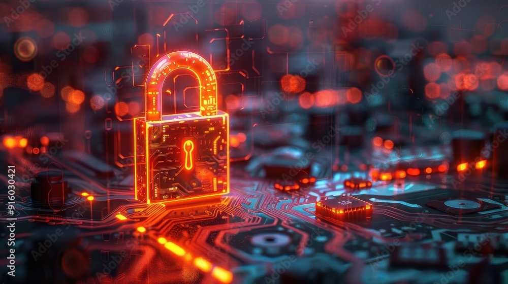 Poster red glowing padlock on a circuit board with blurred background