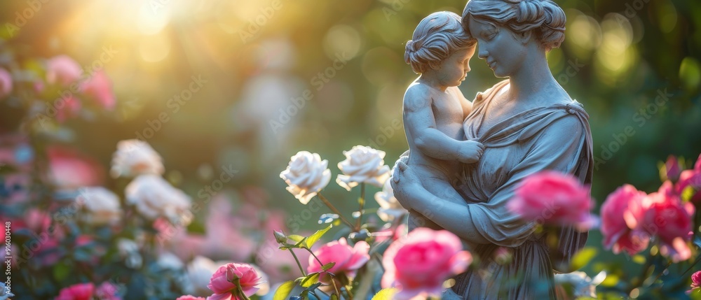 Canvas Prints A statue of a mother holding her child in a garden. AI.