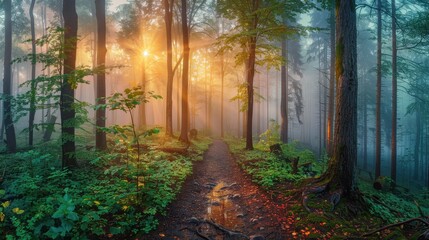 Obraz premium A Sunlit Path Through a Foggy Forest