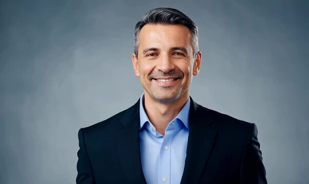 Handsome mature businessman in suit looking at camera and smiling while standing against grey background