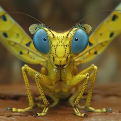 Vibrant yellow and blue praying mantis on brown surface, with large blue eyes and slender body. Wings folded closed, looking at the camera against blurred brown background