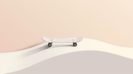 2D illustration of a skateboard on a curved ramp with basic shapes on a neutral colored background in a simplicity of drawing in a minimalist vector style