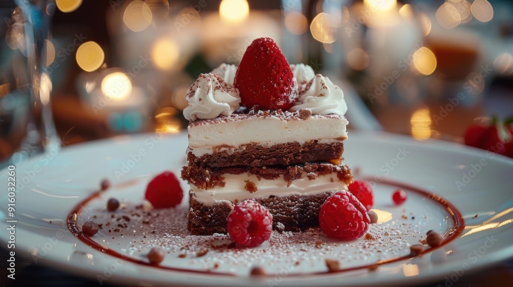 Canvas Prints A slice of cake with whipped cream and strawberries on a white plate. AI.