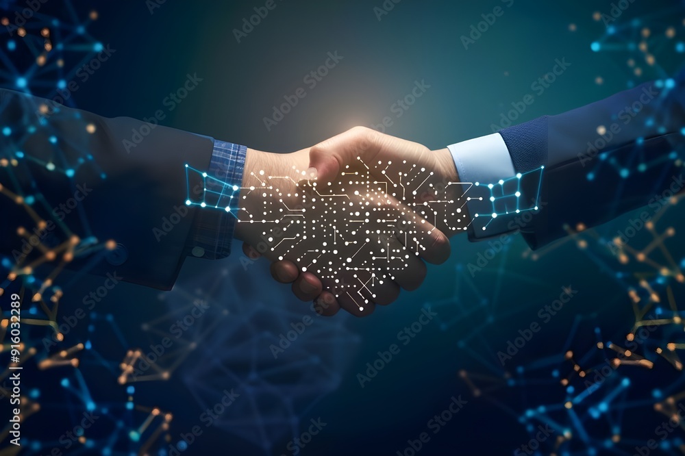 Poster two hands in business suits, shaking each other's hand with circuit board patterns on the background